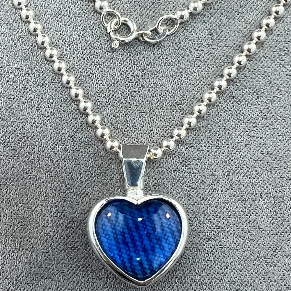 Silver Bead Necklace with rotating Denim Heart Glass Cabochon Pendant